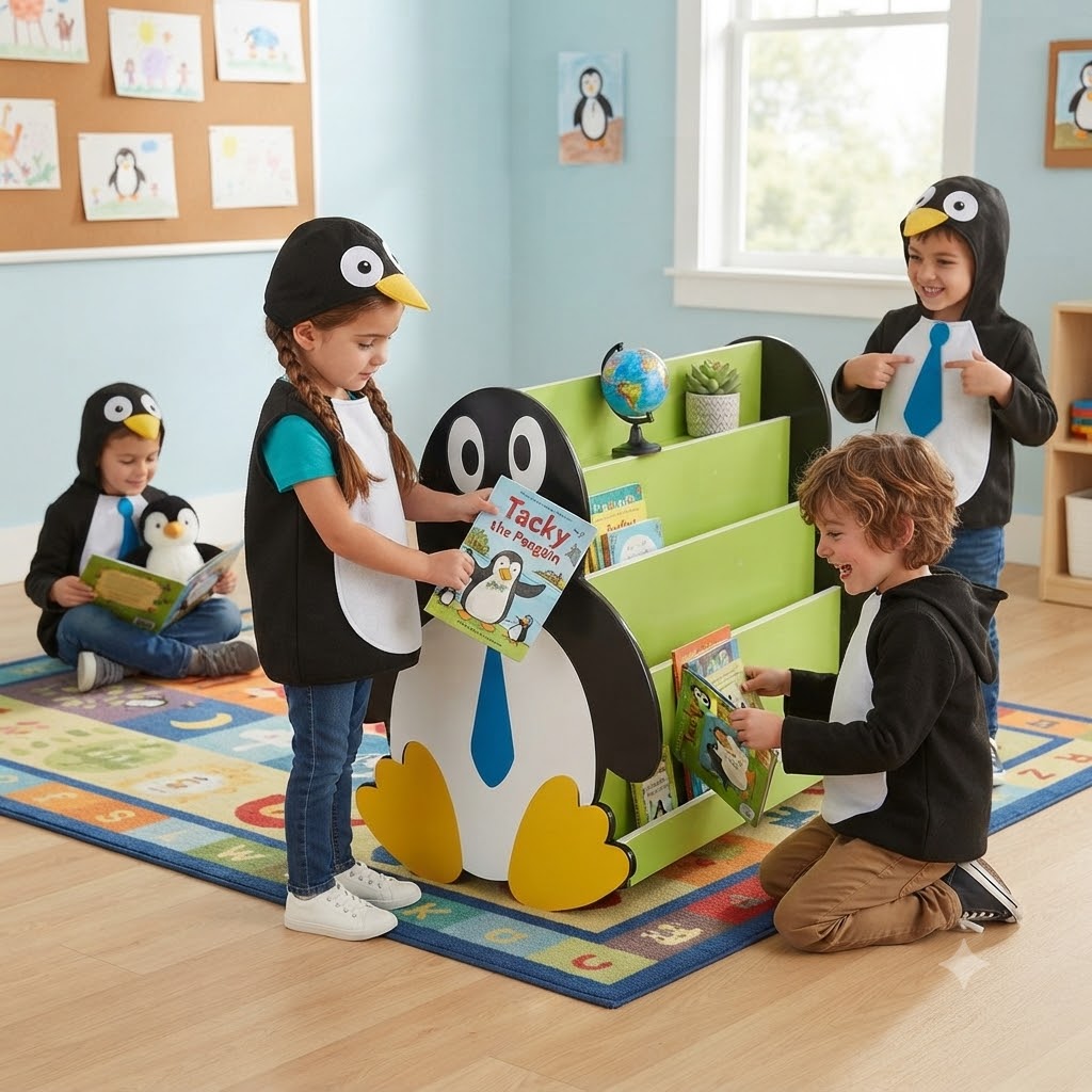 Penguen Figürlü Kitaplık